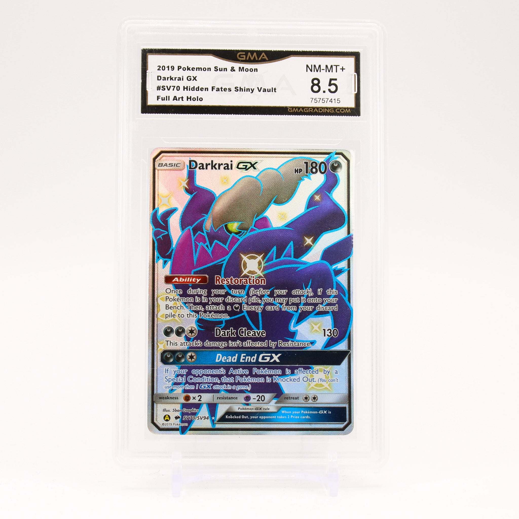 Darkrai GX - SV70/SV94 GMA 8.5 Hidden Fates Full Art Shiny Pokemon - NM-MT+