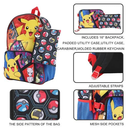 Pokemon Large Character Backpack 5-Piece Set - Pikachu Charizard